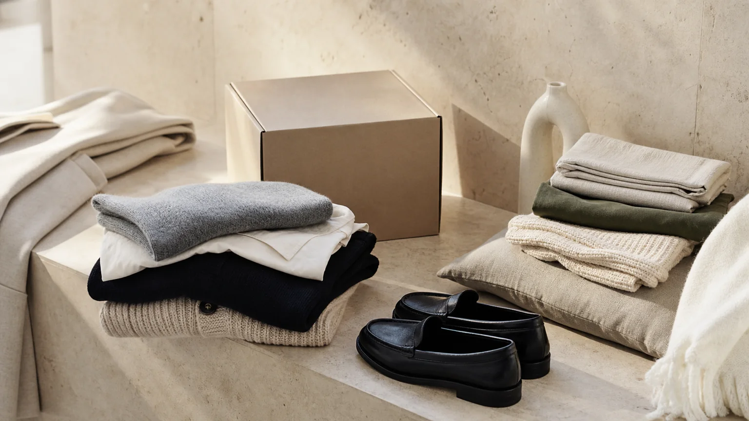 Minimalistiska vardagsplagg, hemtextil och paket i en butiksguide
