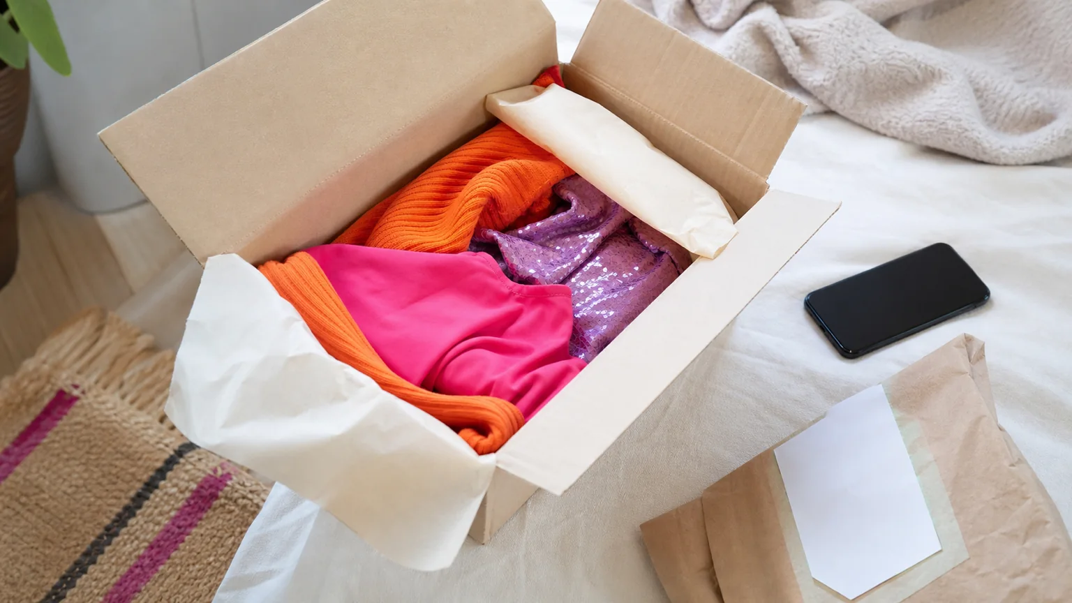 Trendiga festplagg vid ett öppnat paket med returetikett