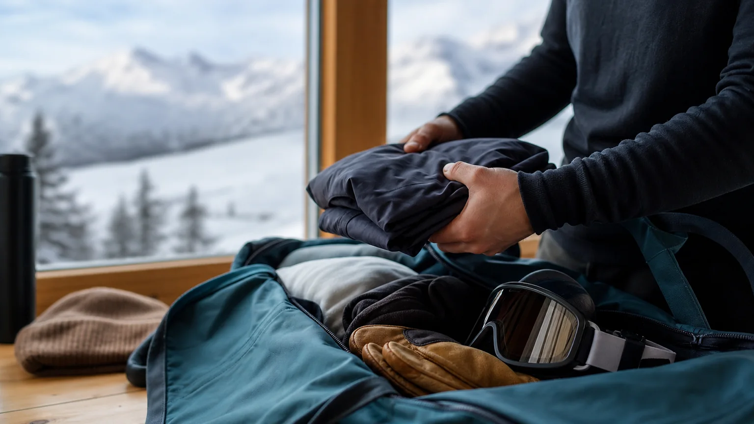 Tekniska skidkläder och handskar packade för fjällresa