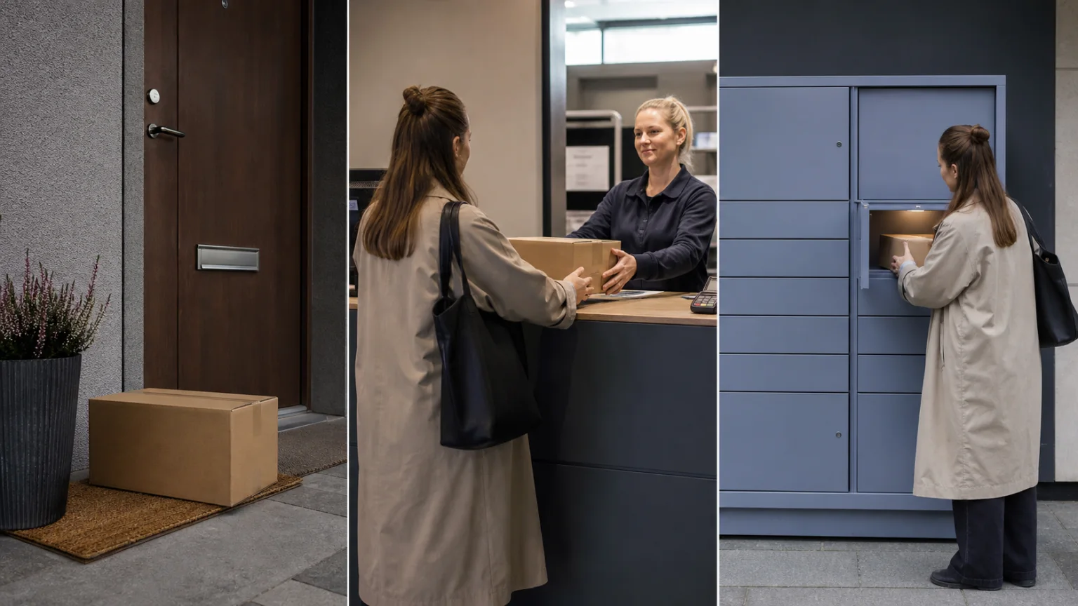 Klädpaket vid dörr, ombud och paketbox som leveransval