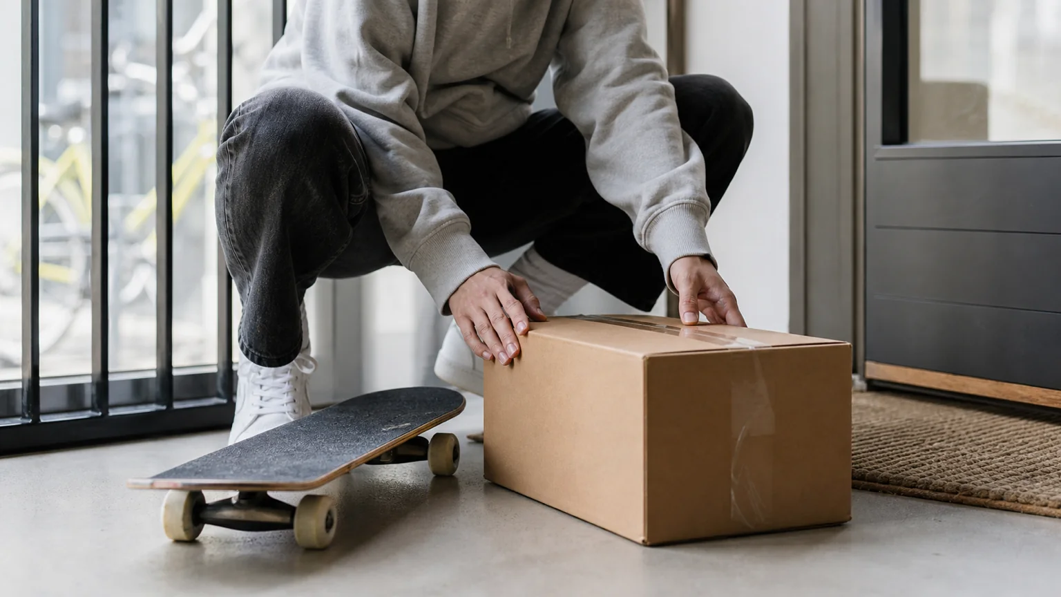 Streetwear och sneakers framlagda vid ett leveranspaket