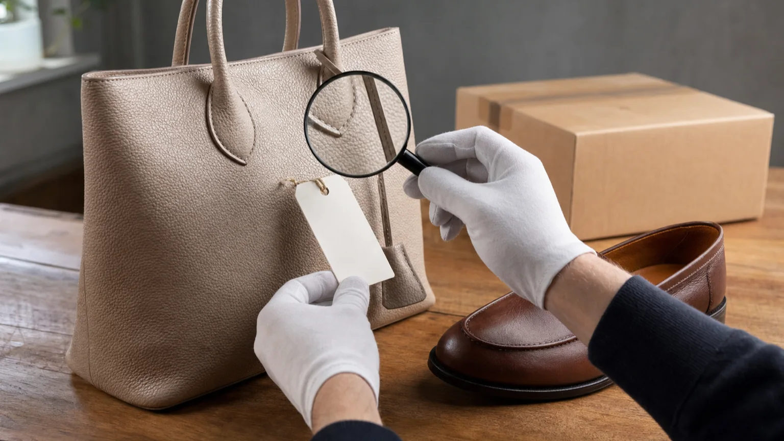 Second hand-accessoar granskas med förstoringsglas och äkthetskontroll