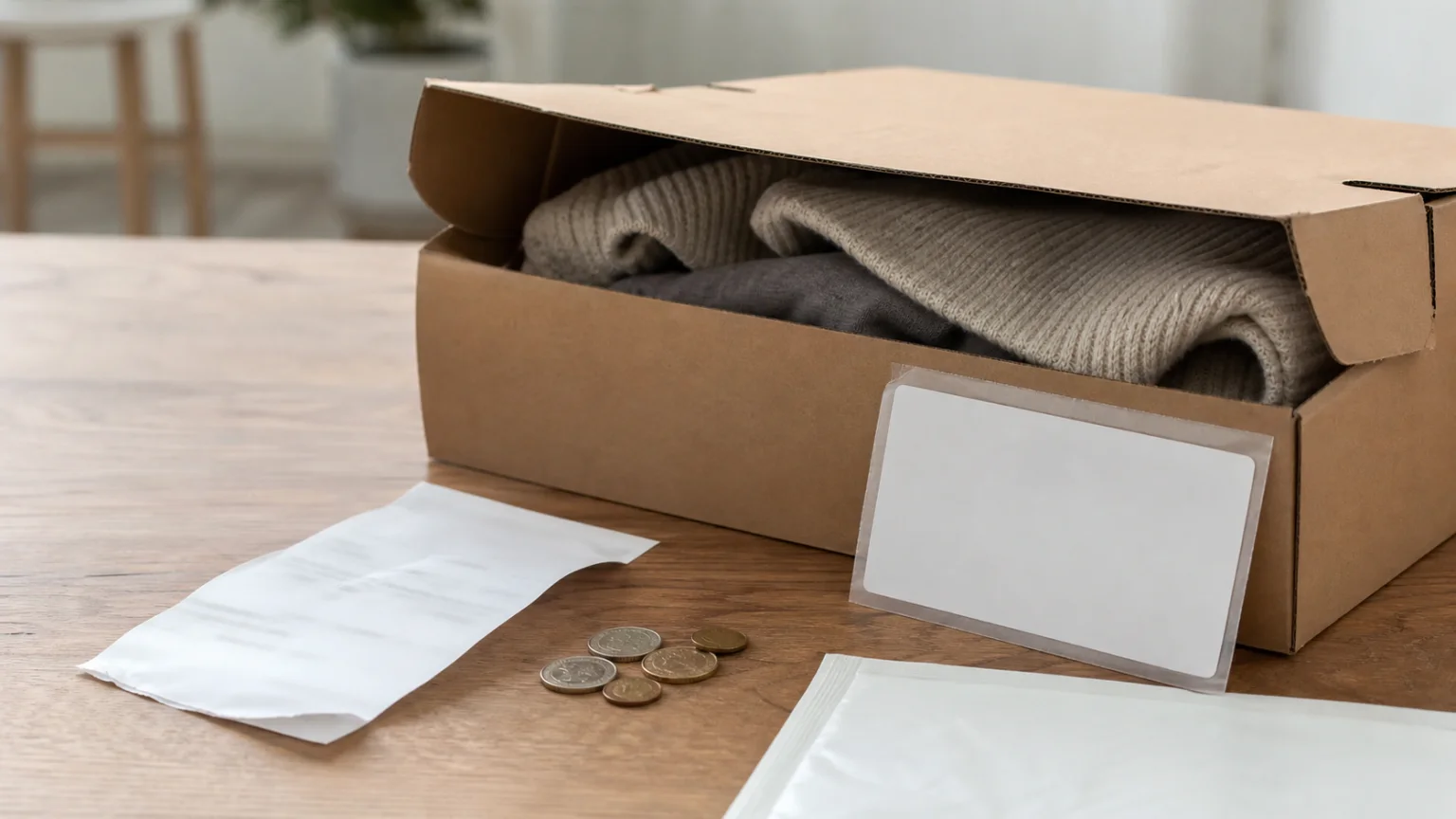 Returpaket, kvitto och mynt som illustrerar returavgift