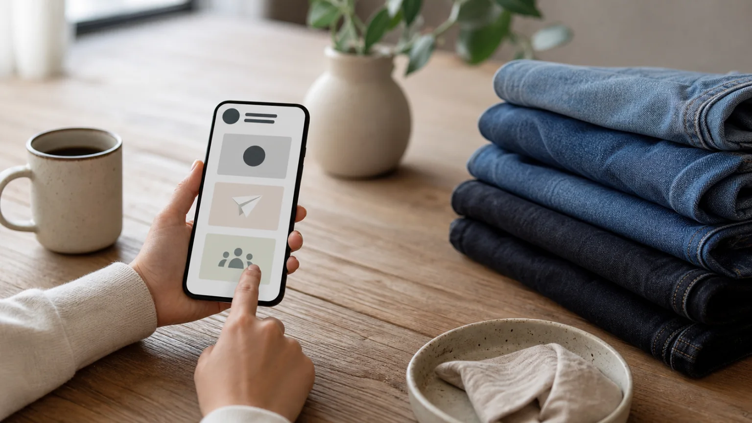 Kundkonto på mobil bredvid denim och e-postsymbol